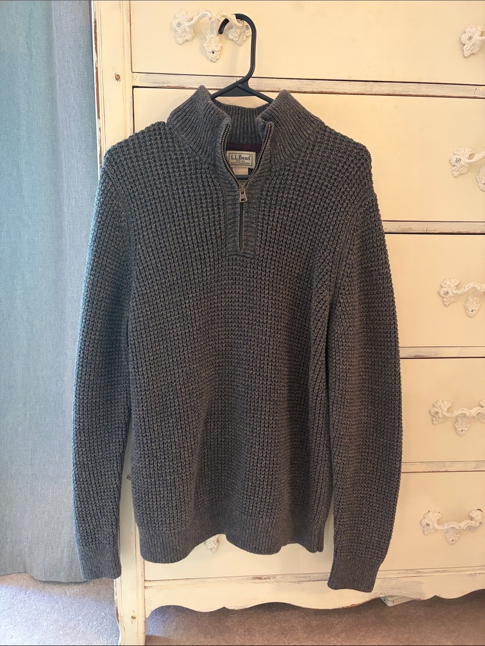 L.L. Bean Men's Dark Charcoal Quarter-Zip Waffle Knit Sweater